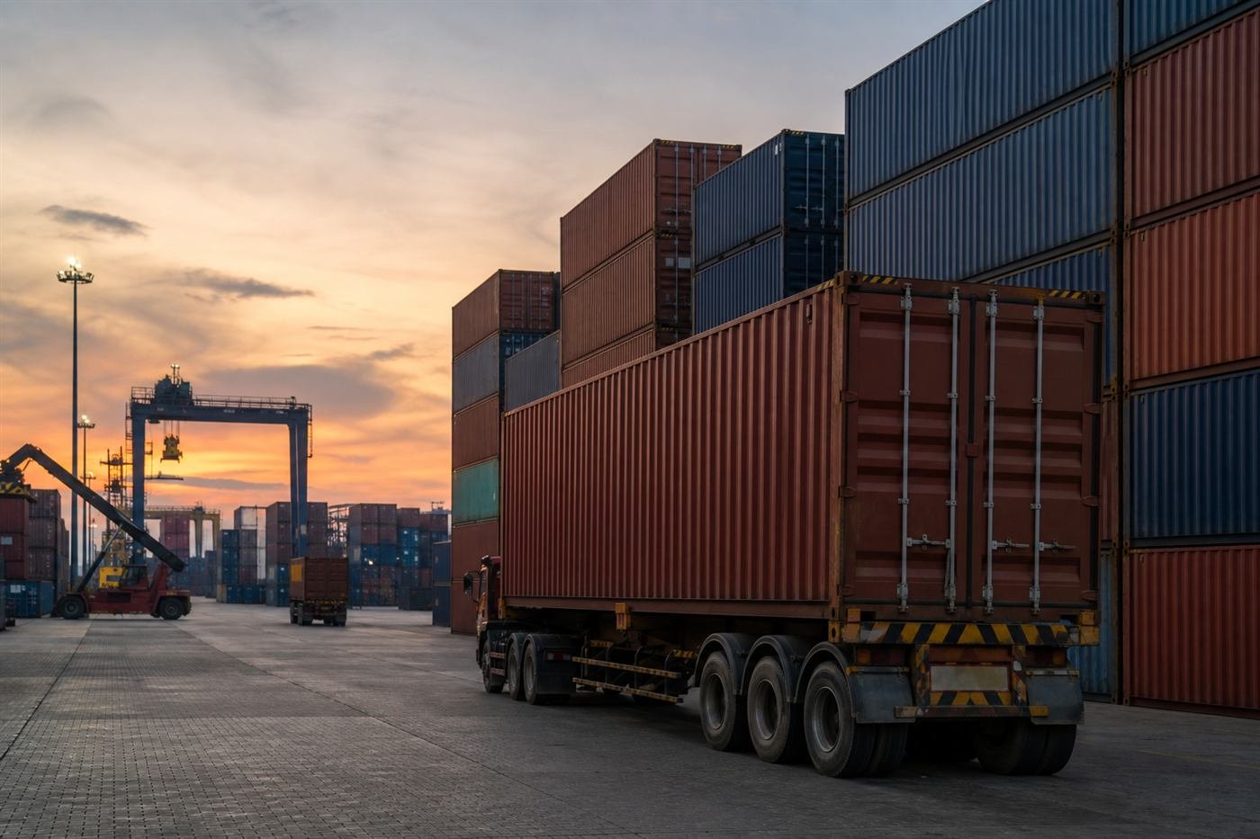 Container trailer moving sealed freight on a port corridor