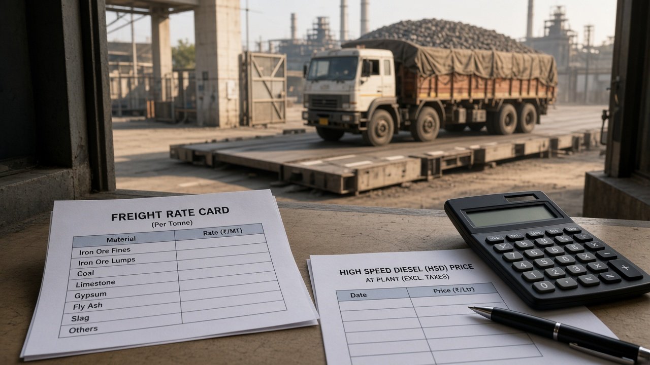Industrial freight dispatch desk with a rate card, calculator and diesel price board at a plant gate