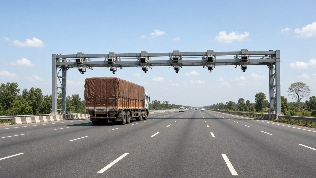 A goods truck passing under a barrier-free highway toll gantry on an Indian national highway