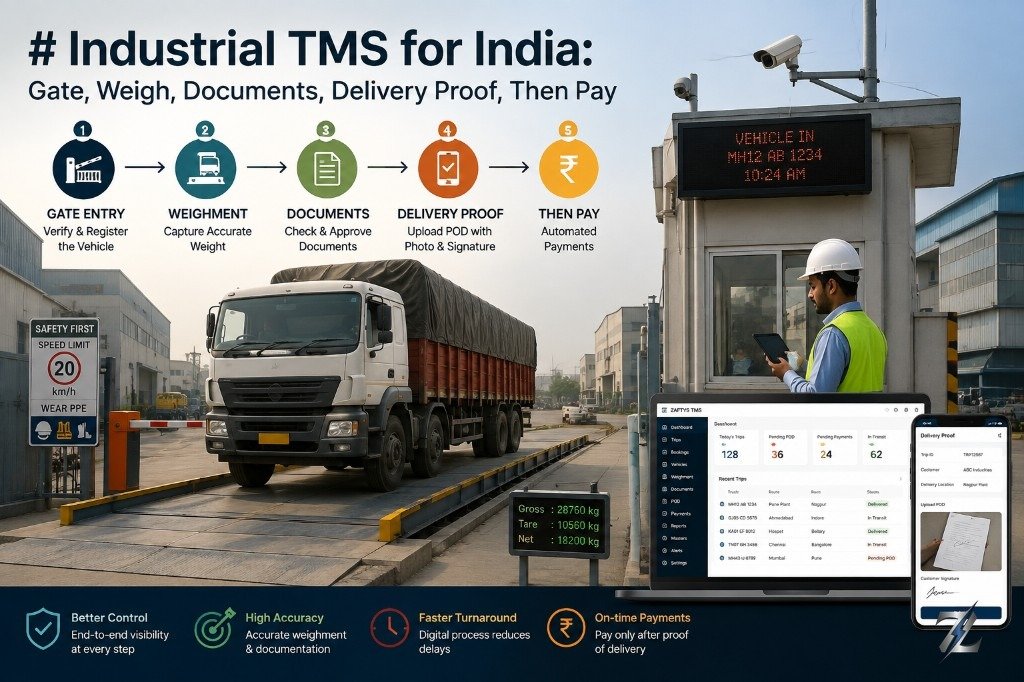 Industrial TMS for India: Gate, Weigh, Documents, Delivery Proof, Then Pay | ZAFTYS Blog