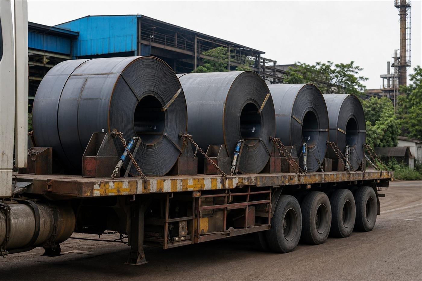 Steel coil and industrial freight loaded for plant movement