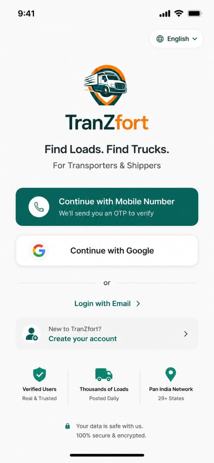 TranZfort app join and register screen for partners